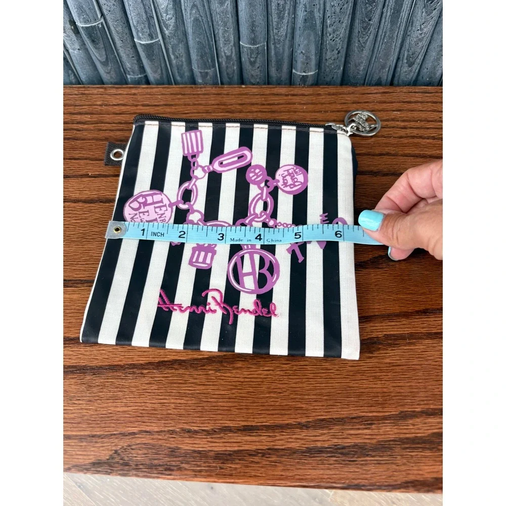 Henri Bendel Black White Striped Small Pouch Purple Charm Graphic Zipper Bag